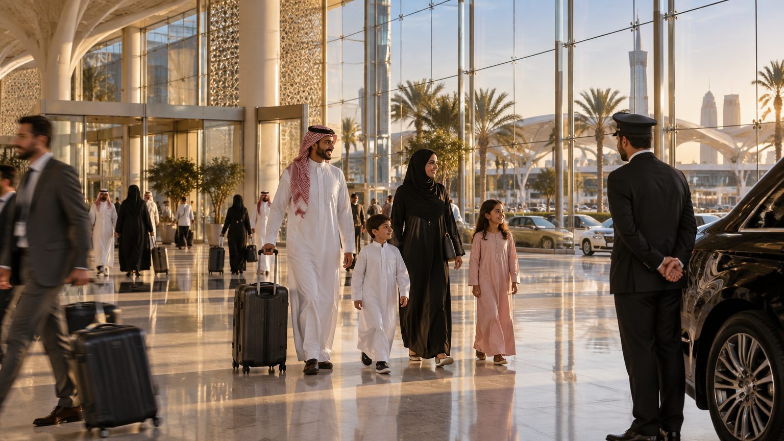 People walking through an airport terminal